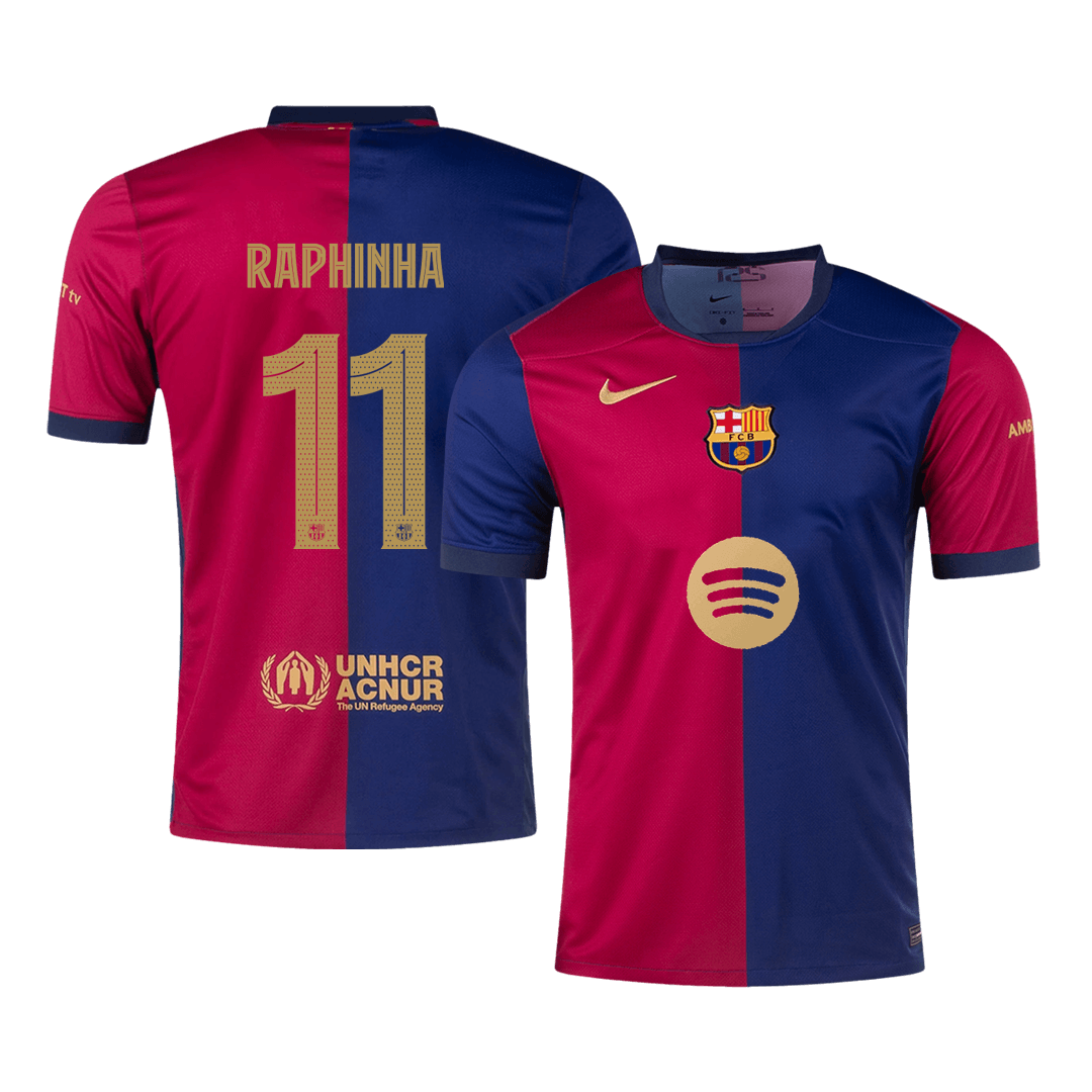 Barcelona Jersey Custom RAPHINHA #11 Soccer Jersey Home -UCL (Spotify Logo Without Text)