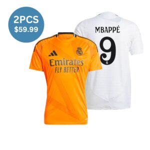 2 Pack - Mbappe #9 Real Madrid Home Authentic Soccer Jerseys(White)  & Away Fan Version(Orange) Blank Jersey Combination