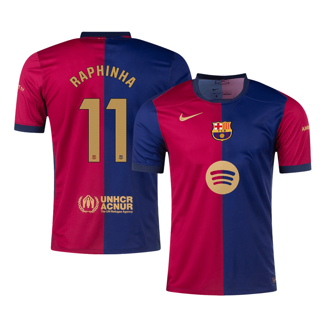 Barcelona Jersey Custom RAPHINHA #11 Soccer Jersey Home Spotify Logo Without Text